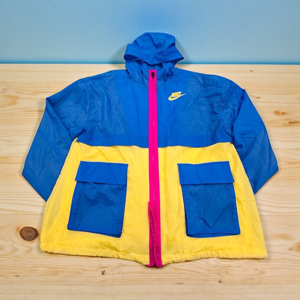 Nike Color Block Windbreaker Jacket Blue Yellow Pink Full Zip Hooded Mens Sz XS